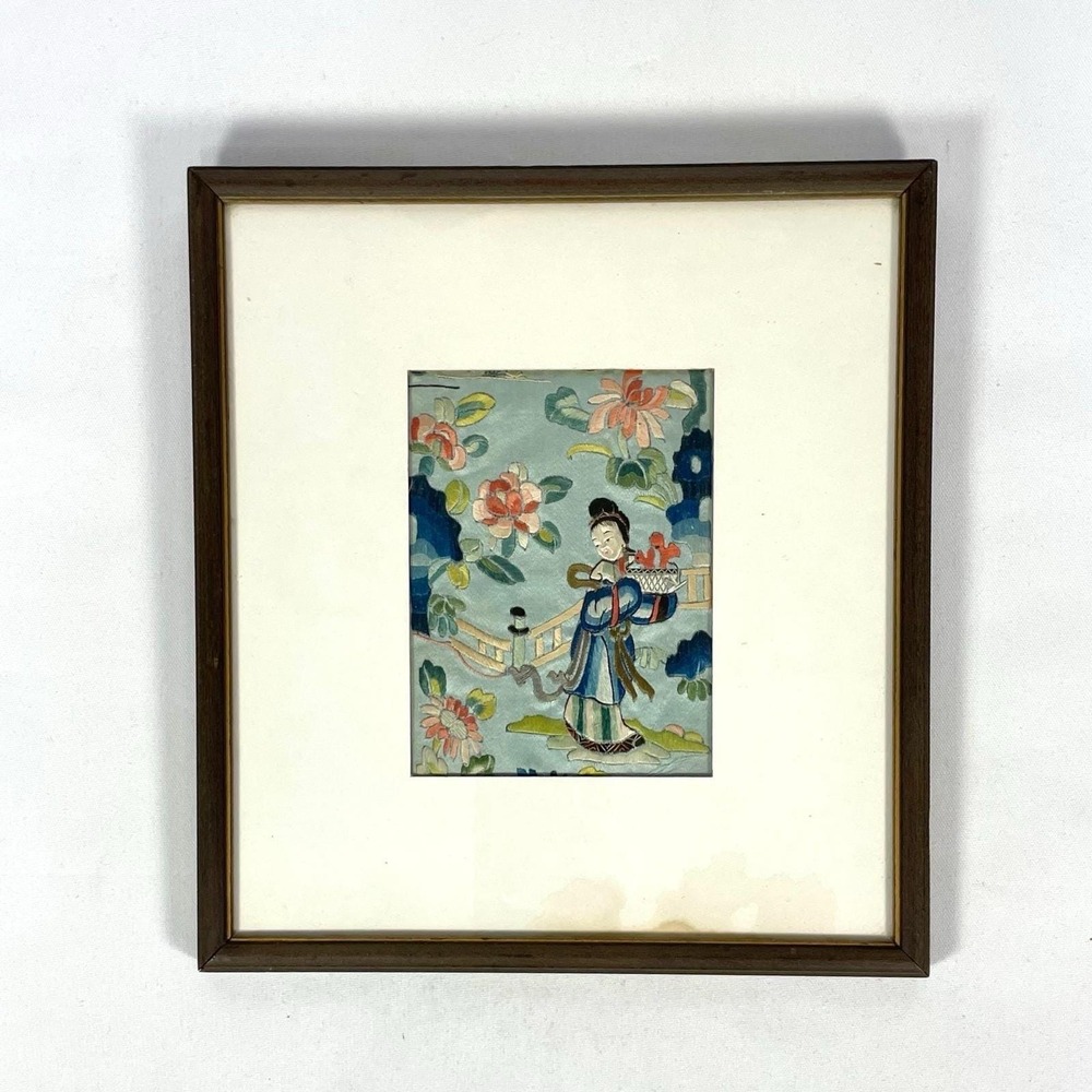 Vintage Chinese-Style Embroidered Textile Art Woman Floral Framed 8x8.75